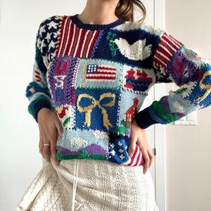Vintage patriotic American flag navy multicolor patchwork sweater | Petite S